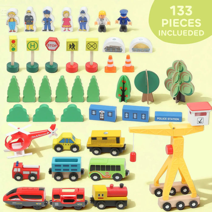 133-Piece Wooden Train Set | Battery-Powered Toy Train with Working Crane AIYAPLAY - Little and Giant Explorers