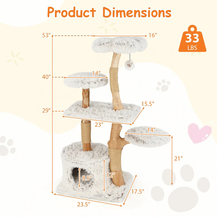 135cm Modern Cat Tree – Pearwood Support Posts | Multi-Level Cat Tower with Den COSTWAY - Little and Giant Explorers Costway