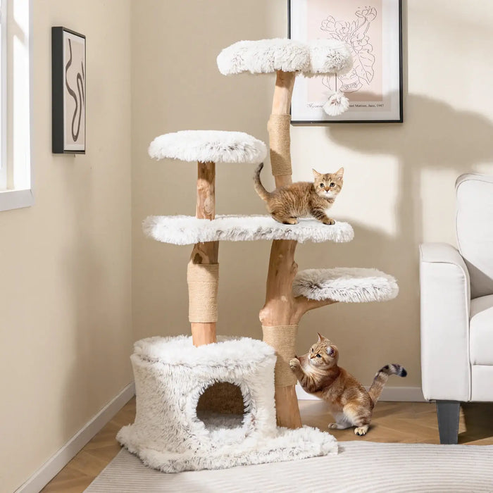 135cm Modern Cat Tree – Pearwood Support Posts | Multi-Level Cat Tower with Den COSTWAY - Little and Giant Explorers Costway