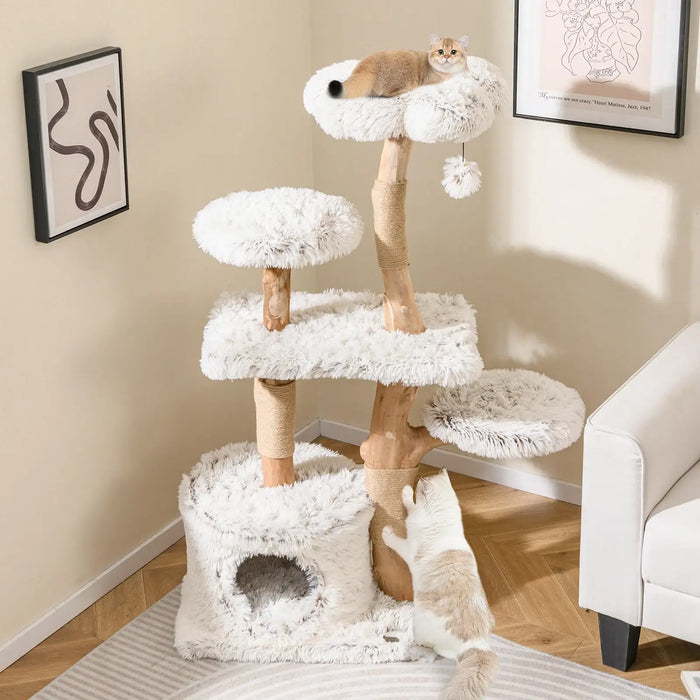 135cm Modern Cat Tree – Pearwood Support Posts | Multi-Level Cat Tower with Den COSTWAY - Little and Giant Explorers Costway