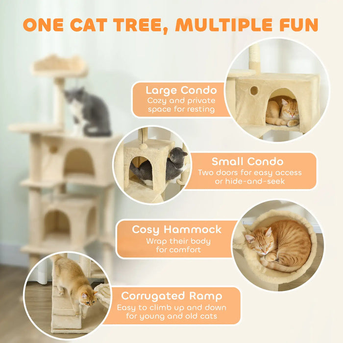 140cm Multi-Level Cat Tree – Beige and Cream White | Hammock and Condo PAWHUT - Little and Giant Explorers PawHut