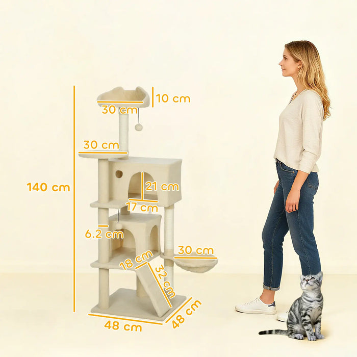 140cm Multi-Level Cat Tree – Beige and Cream White | Hammock and Condo PAWHUT - Little and Giant Explorers PawHut