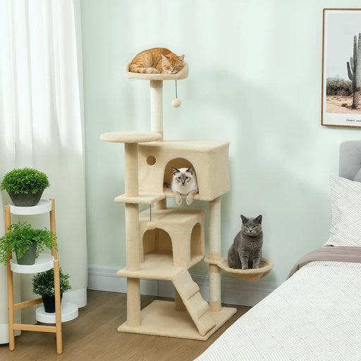 140cm Multi-Level Cat Tree – Beige and Cream White | Hammock and Condo PAWHUT - Little and Giant Explorers PawHut