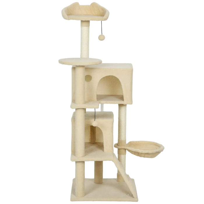 140cm Multi-Level Cat Tree – Beige and Cream White | Hammock and Condo PAWHUT - Little and Giant Explorers PawHut