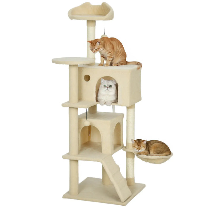 140cm Multi-Level Cat Tree – Beige and Cream White | Hammock and Condo PAWHUT - Little and Giant Explorers PawHut