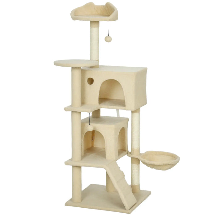 140cm Multi-Level Cat Tree – Beige and Cream White | Hammock and Condo PAWHUT - Little and Giant Explorers PawHut