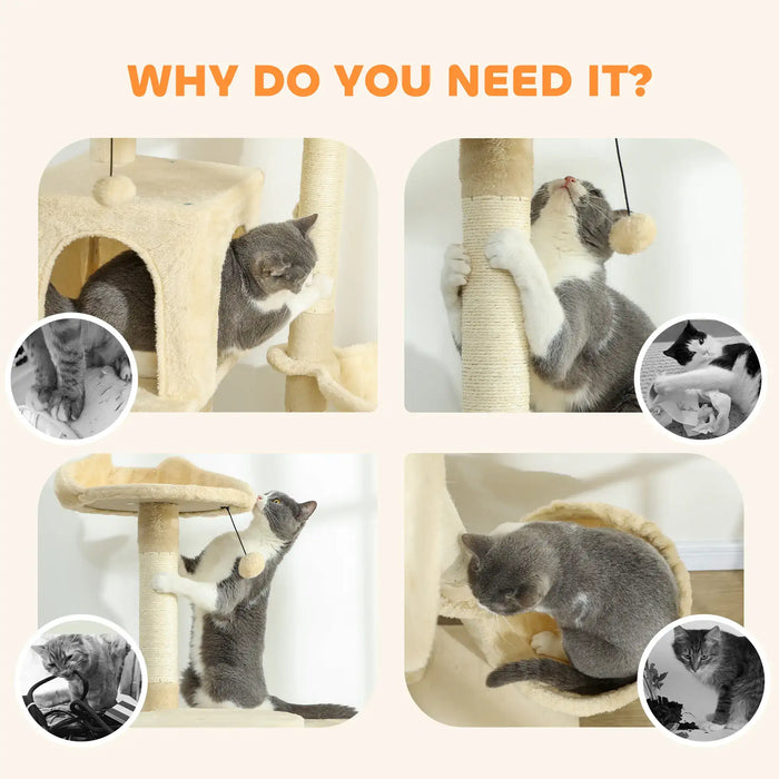 140cm Multi-Level Cat Tree – Beige and Cream White | Hammock and Condo PAWHUT - Little and Giant Explorers PawHut