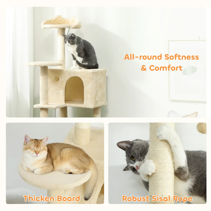 140cm Multi-Level Cat Tree – Beige and Cream White | Hammock and Condo PAWHUT - Little and Giant Explorers PawHut