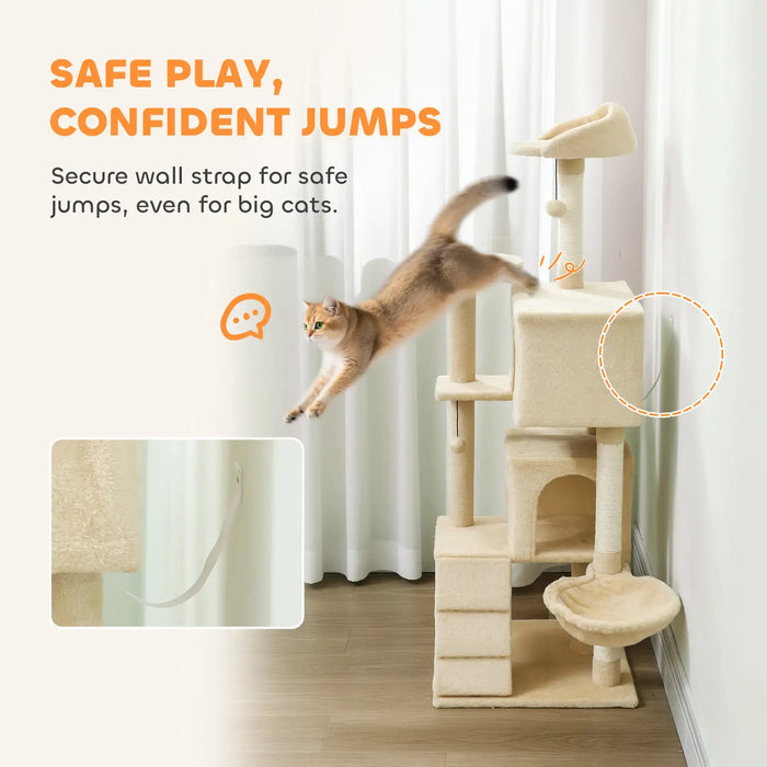 140cm Multi-Level Cat Tree – Beige and Cream White | Hammock and Condo PAWHUT - Little and Giant Explorers PawHut