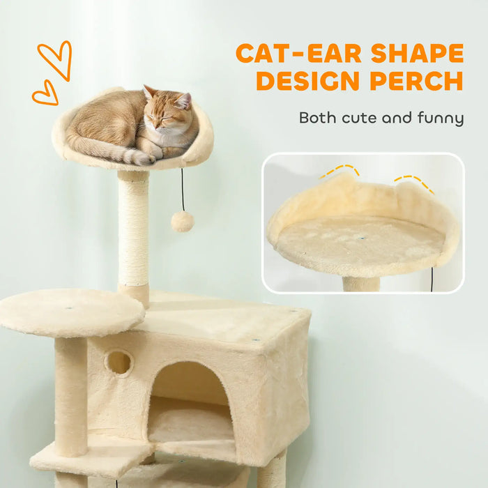 140cm Multi-Level Cat Tree – Beige and Cream White | Hammock and Condo PAWHUT - Little and Giant Explorers PawHut