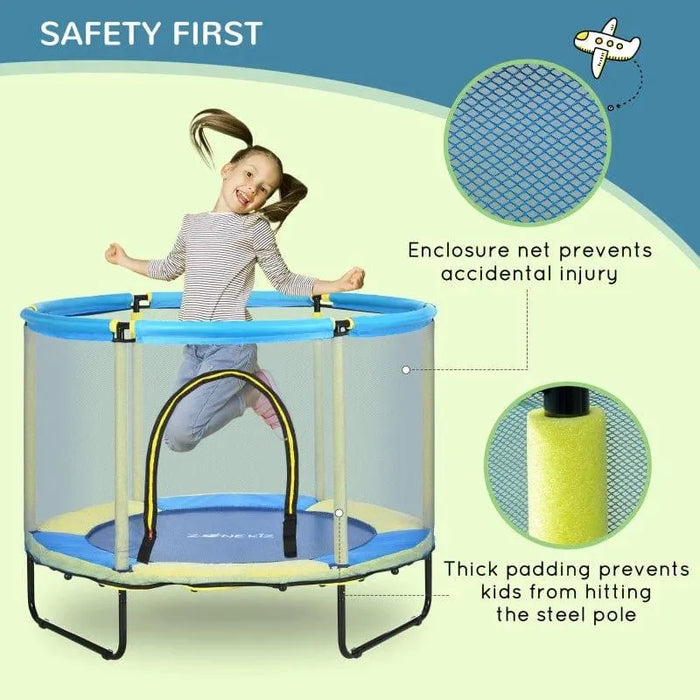 Child jumping on blue and yellow indoor kids trampoline with safety net and padding.