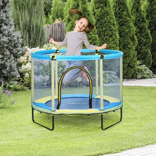 Child jumping on blue and yellow indoor trampoline in garden, springless bungee design
