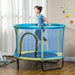 Child jumping on blue and yellow indoor springless kids trampoline with safety net