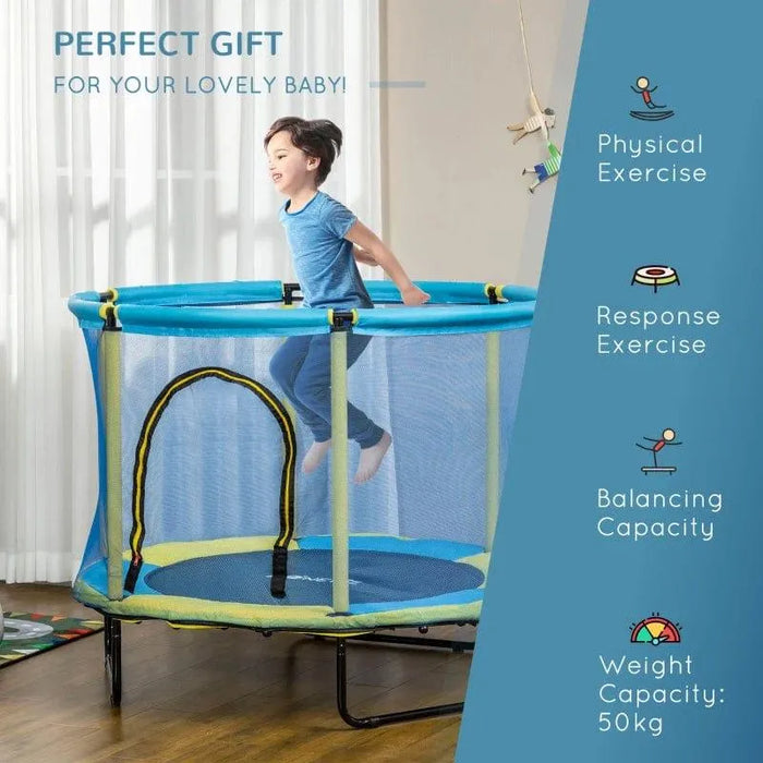 Child jumping on blue and yellow indoor kids trampoline, springless bungee design, in a sunny room