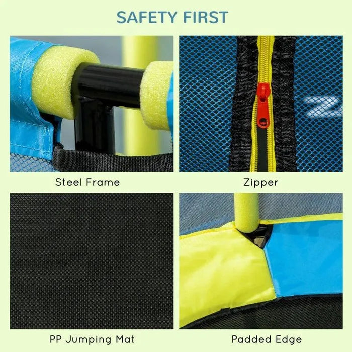 Kids indoor trampoline details with steel frame, zipper, PP jumping mat and padded edge