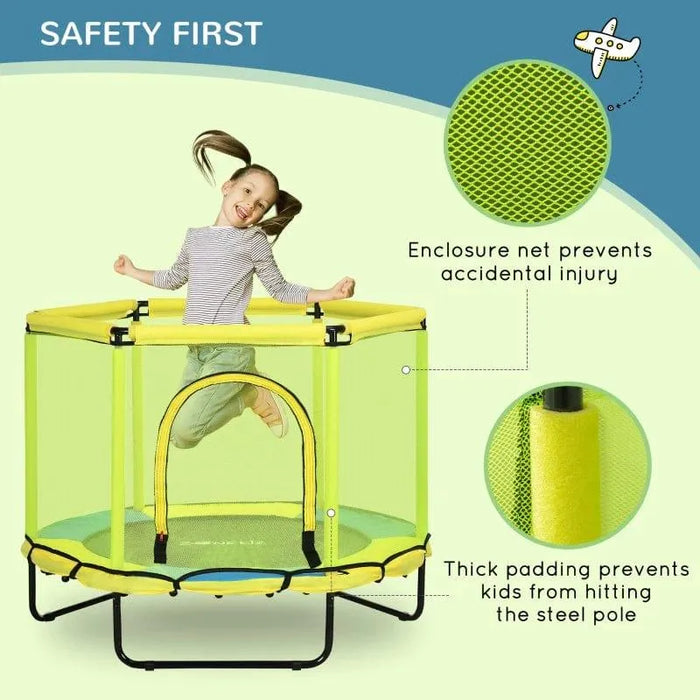 Kid jumping on square yellow and blue indoor trampoline with enclosure net and safety padding.