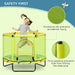 Kid jumping on square yellow and blue indoor trampoline with enclosure net and safety padding.