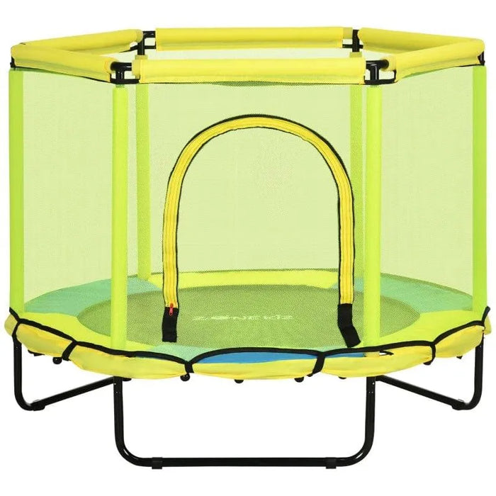 Yellow and blue indoor kids trampoline with safety net and zippered entrance