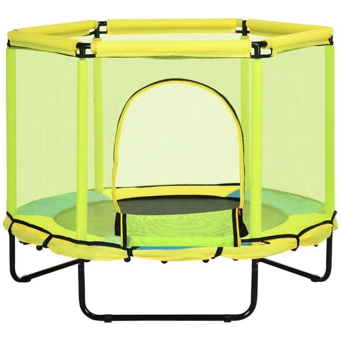 Yellow and blue kids indoor square trampoline with safety net and bungee design