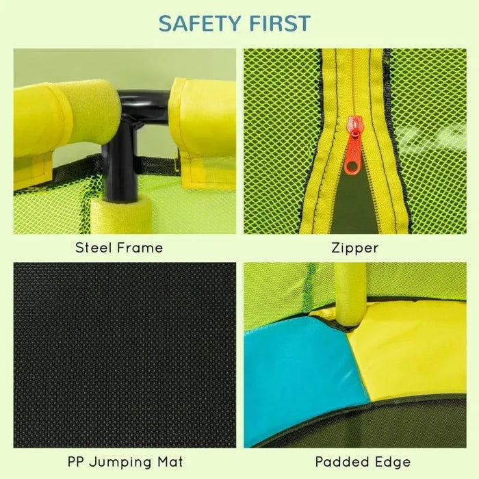 Kids indoor trampoline with steel frame, zipper, pp jumping mat, and padded yellow-blue edge.