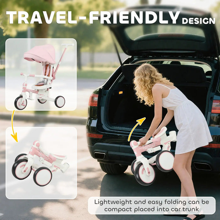 Woman compacting a pink and white children's bike into a car trunk with text highlighting travel-friendly design.