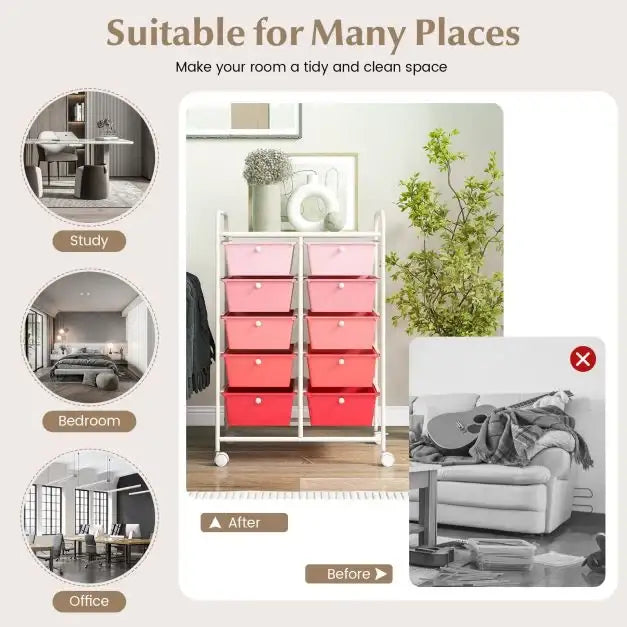 15-Drawer Rolling Storage Cart – Pink | Plastic Drawers - Metal Frame and Wheels COSTWAY - Little and Giant Explorers Costway