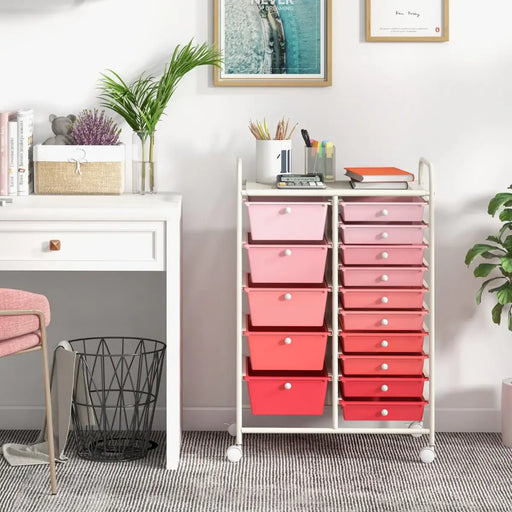 15-Drawer Rolling Storage Cart – Pink | Plastic Drawers - Metal Frame and Wheels COSTWAY - Little and Giant Explorers Costway
