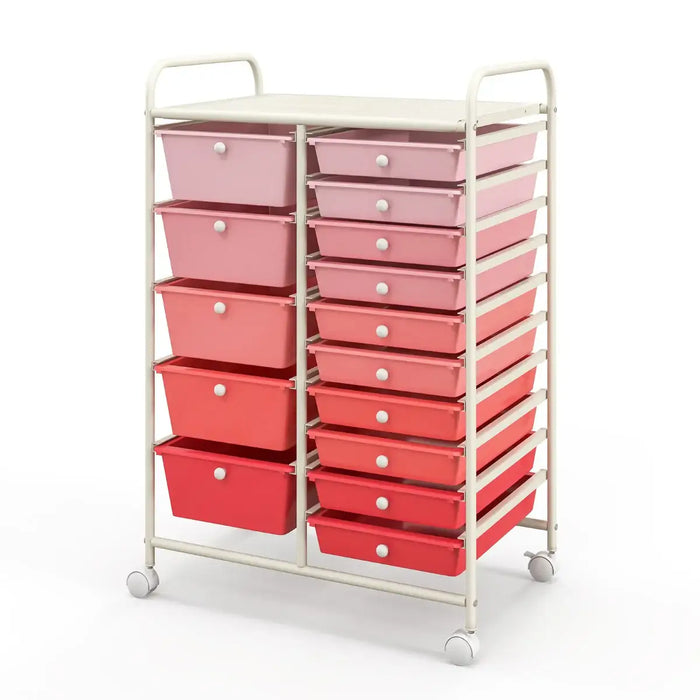 15-Drawer Rolling Storage Cart – Pink | Plastic Drawers - Metal Frame and Wheels COSTWAY - Little and Giant Explorers Costway