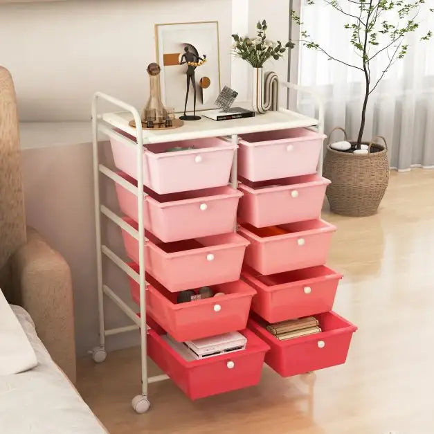 15-Drawer Rolling Storage Cart – Pink | Plastic Drawers - Metal Frame and Wheels COSTWAY - Little and Giant Explorers Costway