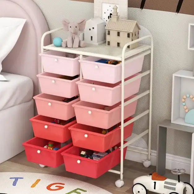 15-Drawer Rolling Storage Cart – Pink | Plastic Drawers - Metal Frame and Wheels COSTWAY - Little and Giant Explorers Costway