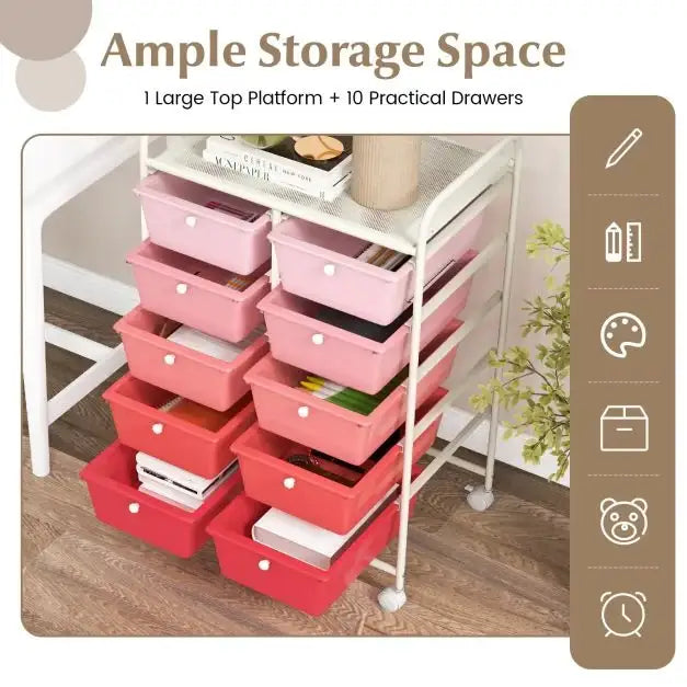 15-Drawer Rolling Storage Cart – Pink | Plastic Drawers - Metal Frame and Wheels COSTWAY - Little and Giant Explorers Costway