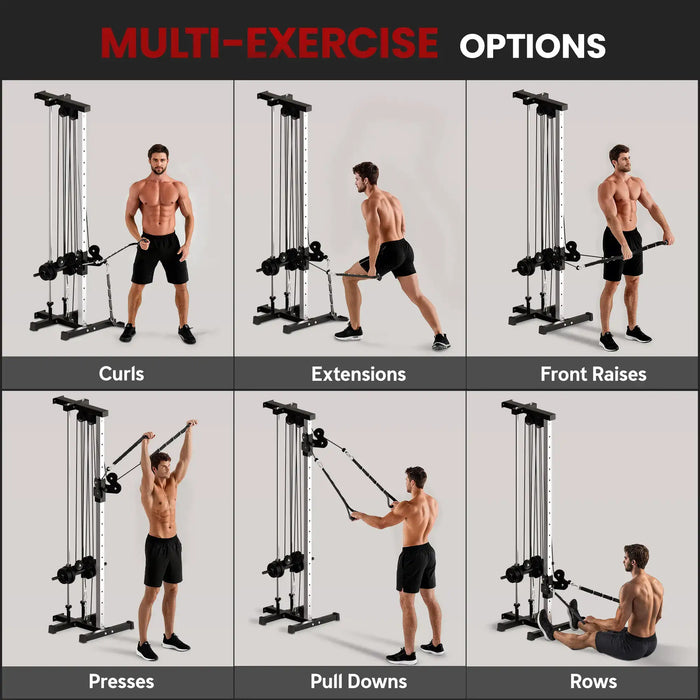 Multifunctional exercise machine with various workout options demonstrated by a person.
