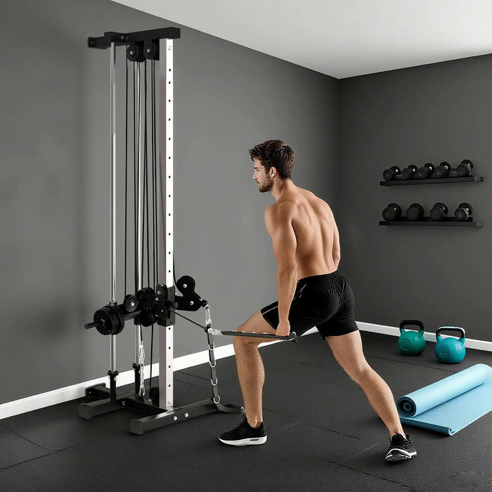 Man exercising with a cable machine in a home gym setting.