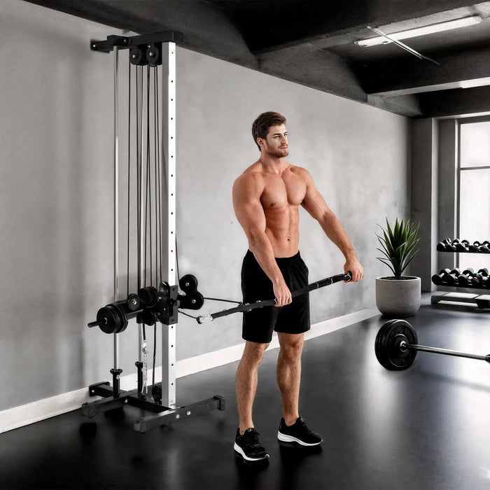 Man exercising with a barbell in a gym setting