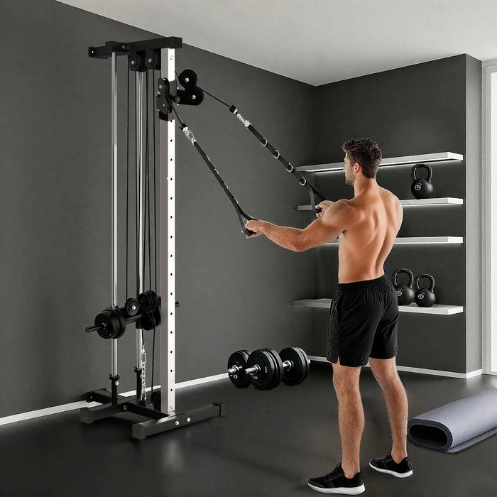 Man using a cable machine in a home gym setting with kettlebells and weights on shelves.