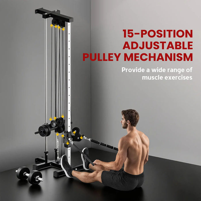 Gym machine with adjustable pulley system and a person using it, on a gray background.