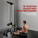 Gym machine with adjustable pulley system and a person using it, on a gray background.