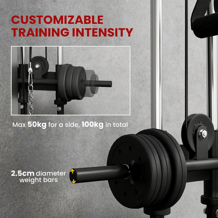Gym equipment with weight bars and customizable training intensity text on a gray background