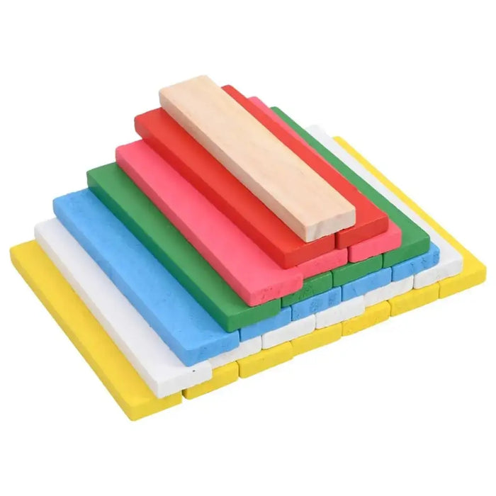 Stacked colorful rectangular wooden blocks, educational STEM toy set on white background