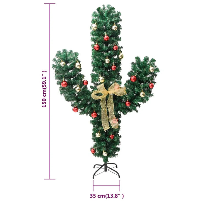 150cm artificial cactus Christmas tree decorated with red and gold baubles and a gold ribbon bow on black stand