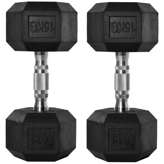 2 x 15kg Rubber Hex Dumbbell Portable Hand Weights - Little and Giant Explorers HOMCOM