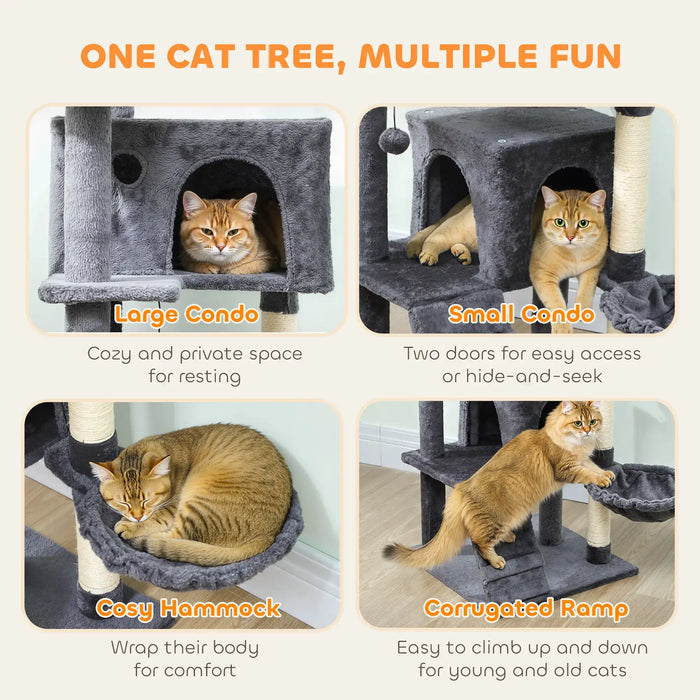 160cm Cat Tree – Dark Grey and Cream | Multi-Level Tower - Hammock and Sisal Posts PAWHUT - Little and Giant Explorers PawHut