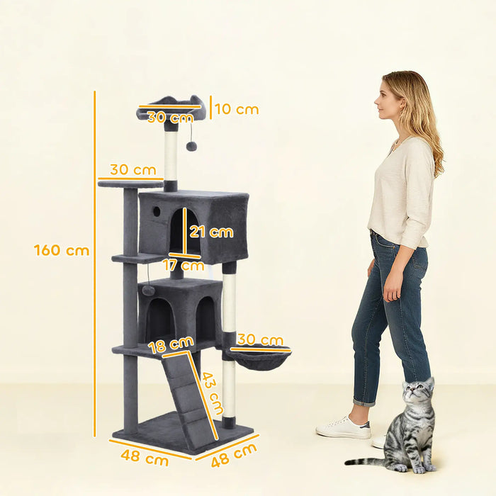 160cm Cat Tree – Dark Grey and Cream | Multi-Level Tower - Hammock and Sisal Posts PAWHUT - Little and Giant Explorers PawHut