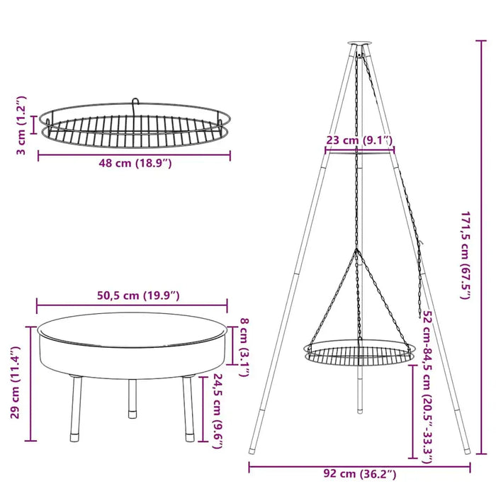 170cm Metal Campfire Tripod - Grill Grate and Fire Tray | Portable Outdoor Cooking Stand VIDAXL - Little and Giant Explorers vidaXL