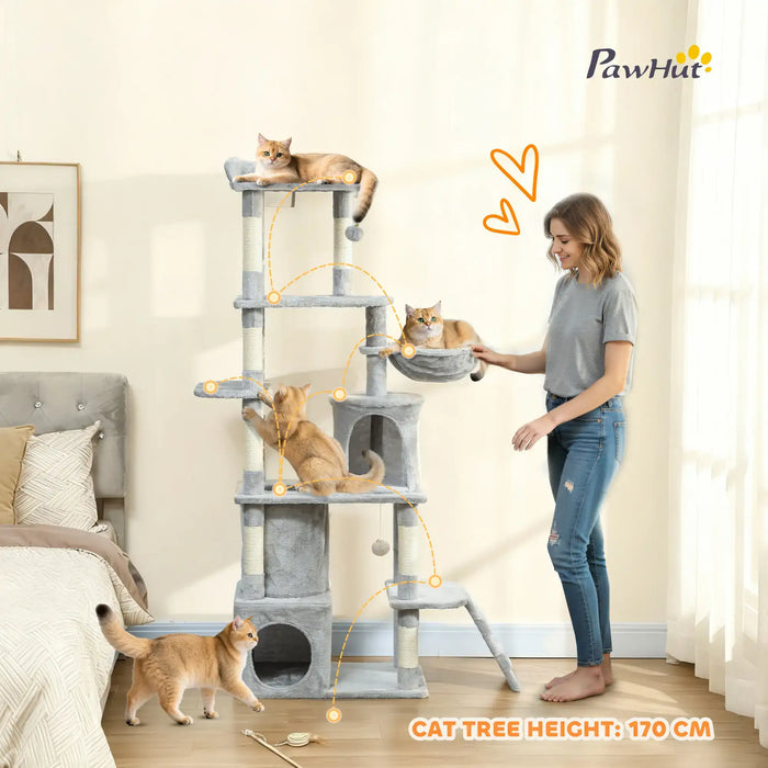 170cm Multi-Level Cat Tree – Grey and Cream | Tall Cat Tower - Plush and Sisal Design PAWHUT - Little and Giant Explorers PawHut