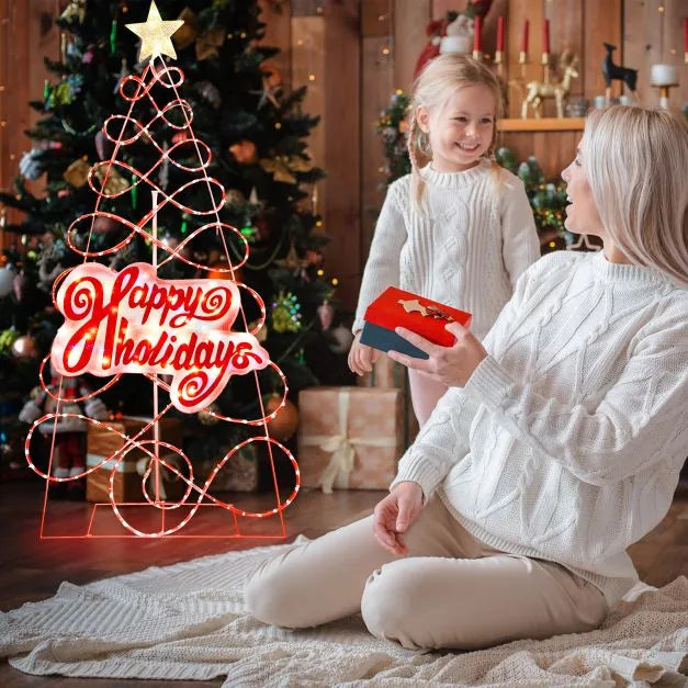 170cm Pre-Lit Christmas Tree with Star and “Happy Holidays” Sign | 216 LEDs COSTWAY - Little and Giant Explorers Costway