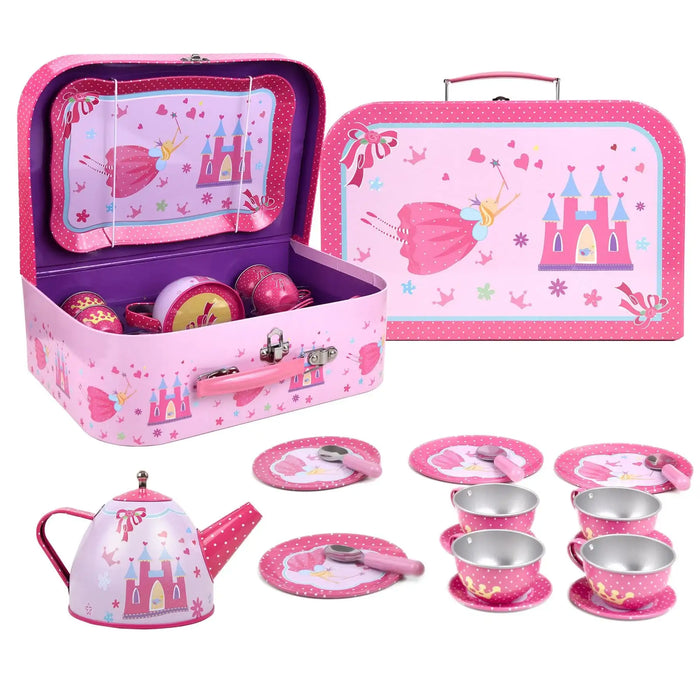 18-Piece Tin Tea Set with Carry Case – Fairy Tale | Pretend Picnic and Tea Party Playset SOKA® - Little and Giant Explorers SOKA Play Imagine Learn