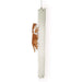 Orange cat climbing tall beige sisal cat scratching post on white background