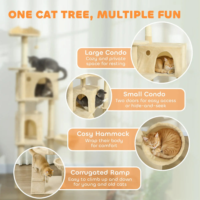 180cm Cat Tree – Beige and Cream White | Multi-Level Cat Tower - Hammock and Condos PAWHUT - Little and Giant Explorers PawHut
