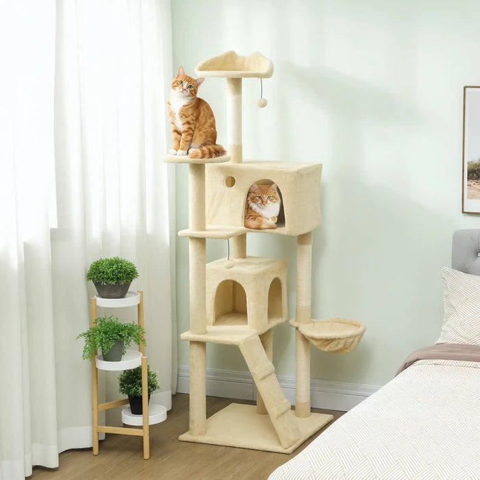 180cm Cat Tree – Beige and Cream White | Multi-Level Cat Tower - Hammock and Condos PAWHUT - Little and Giant Explorers PawHut